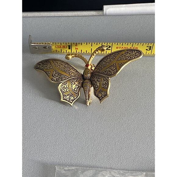 Spain Damascene Butterfly Brooch Signed Gold Tone Yellow Enamel Pin Red Head - Picture 11 of 11
